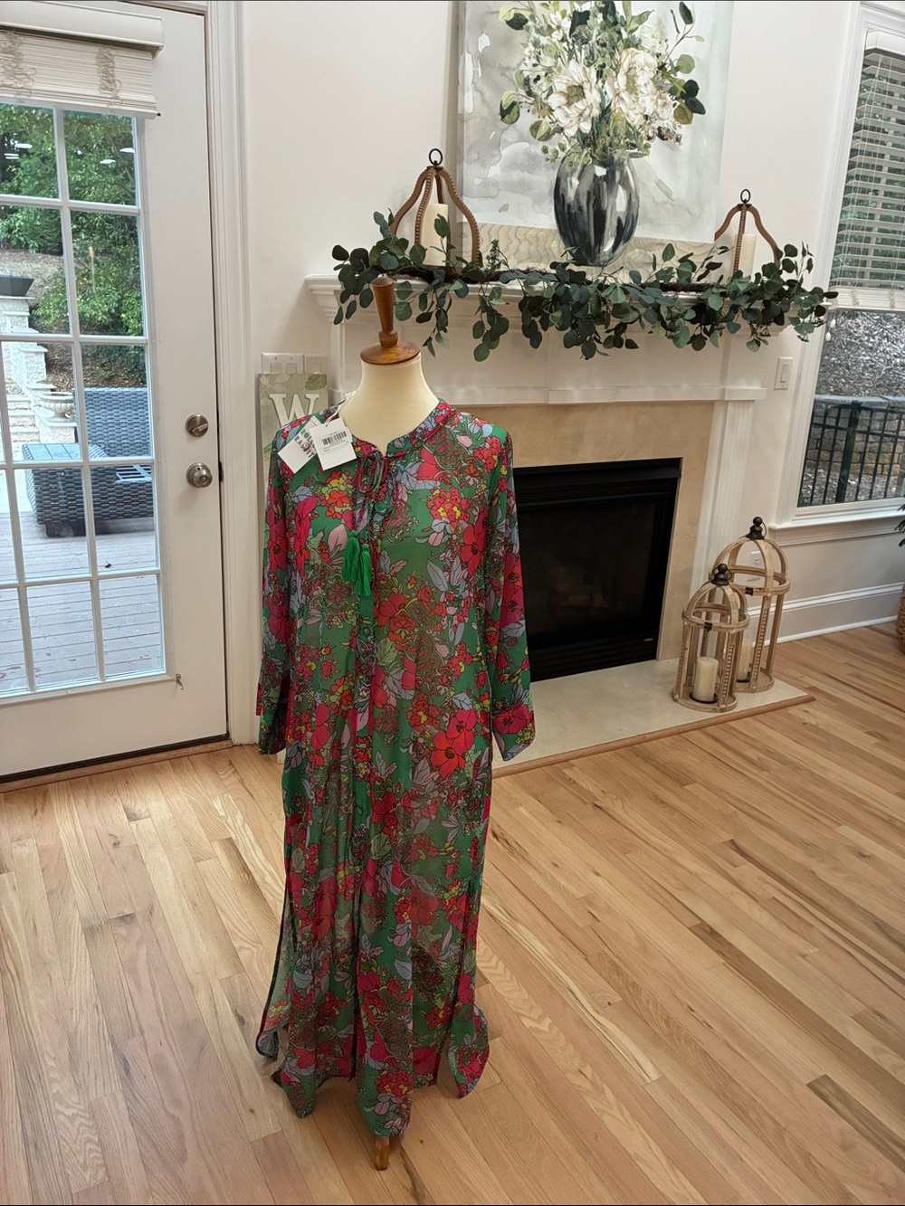 Roller Rabbit Green Maxi Dress with Red and Pink Floral Print
